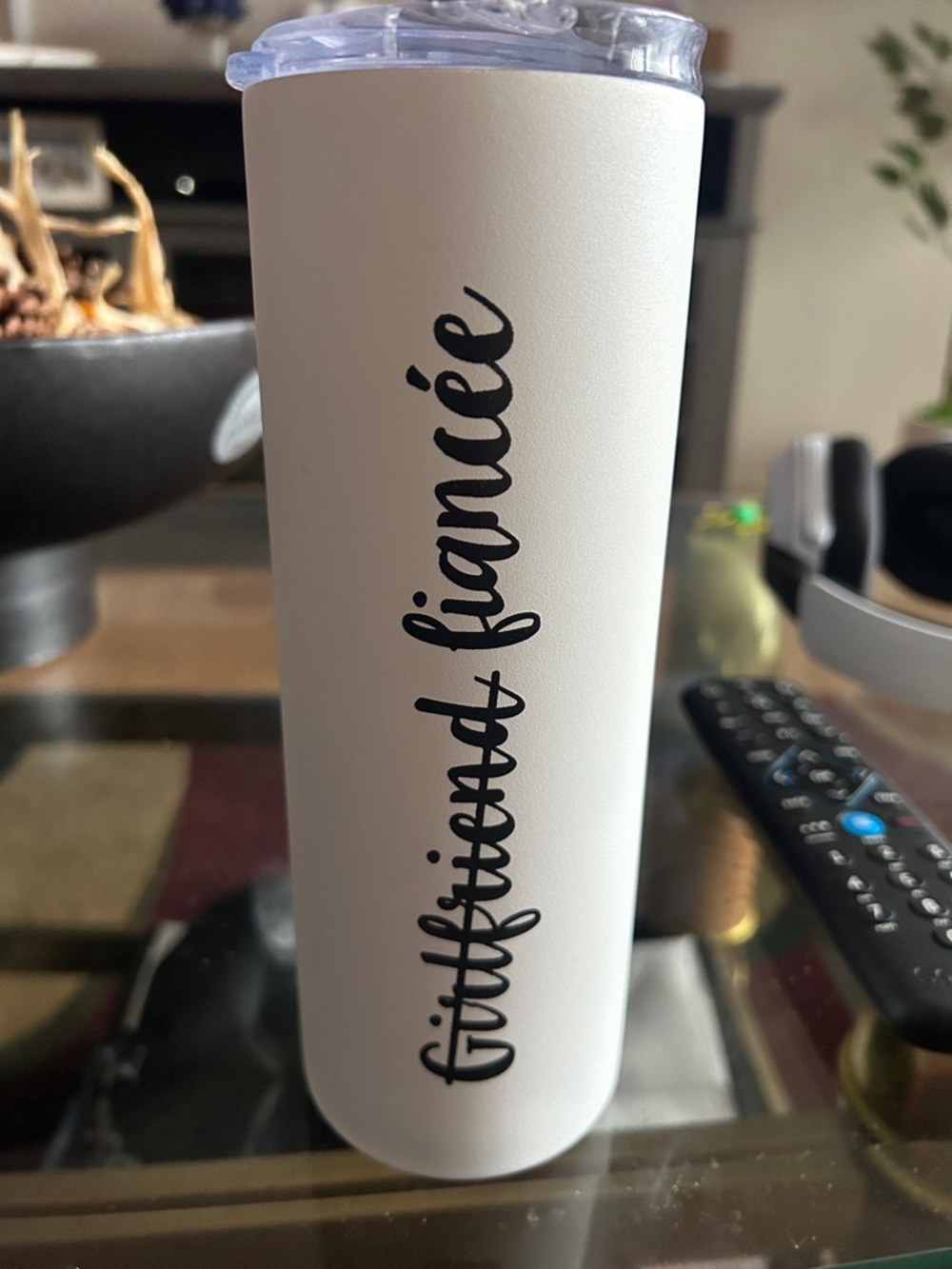 White Personalized Tumbler with 'Girlfriend Fiancée' Script